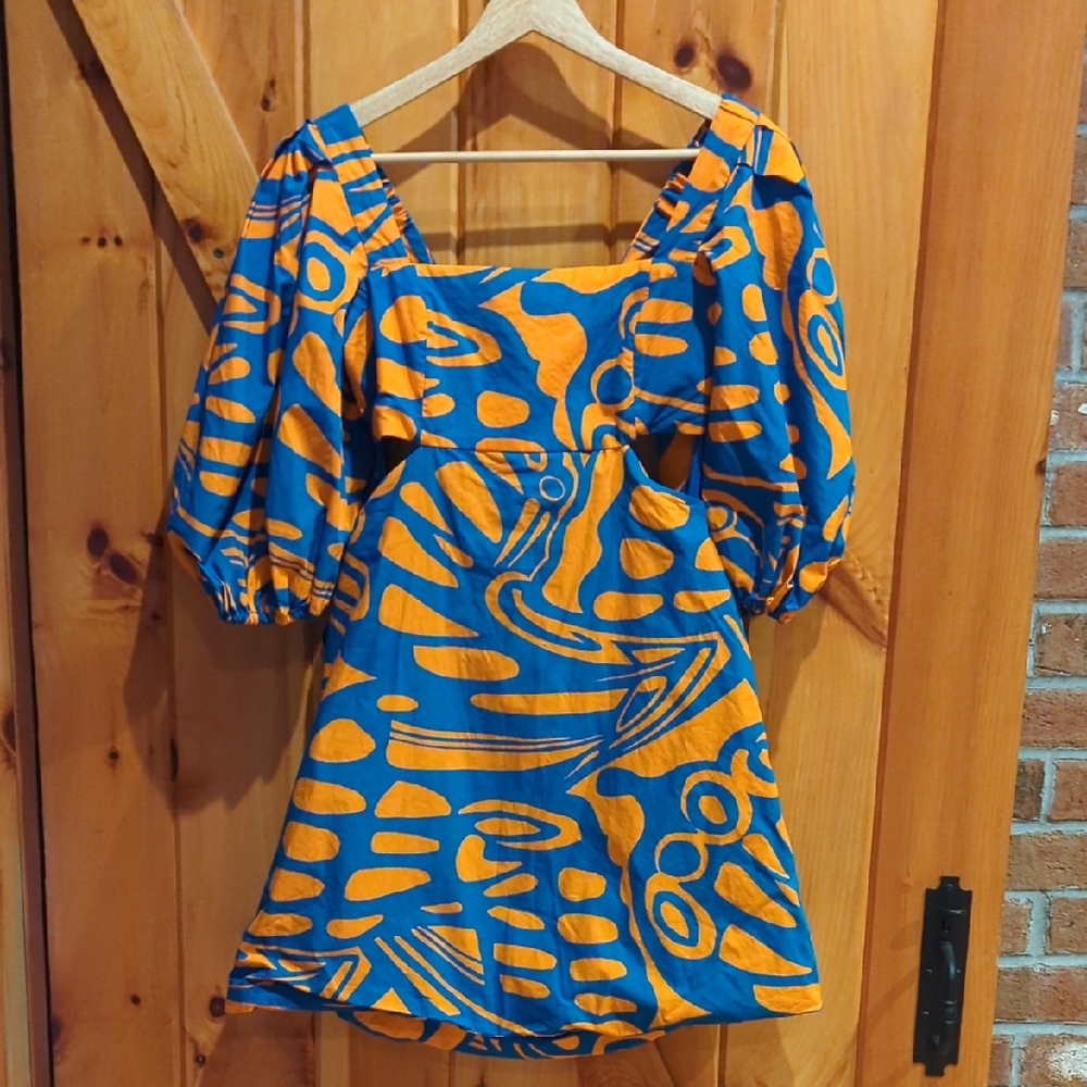 Alexis Blue and Orange Abstract Puff Sleeve Mini Dress